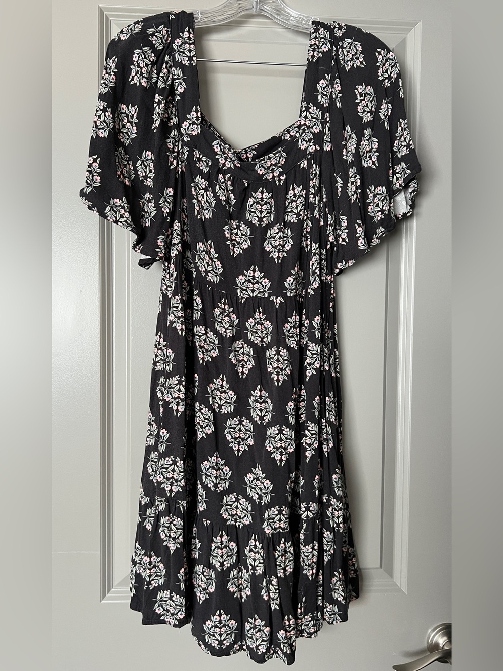 Black Floral Flutter-Sleeve Dress